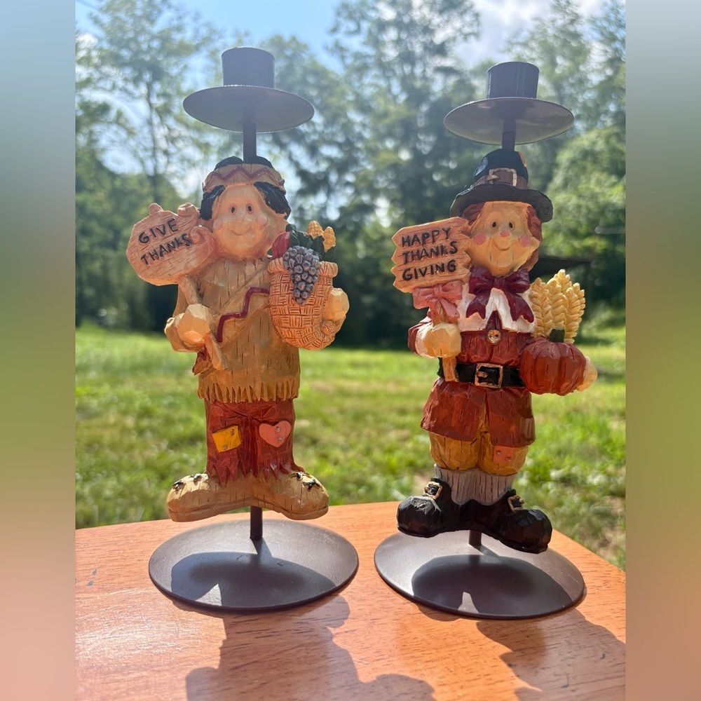 Vtg Thanksgiving Pilgrim Native American Candlestick Holders Resin Fall Decor